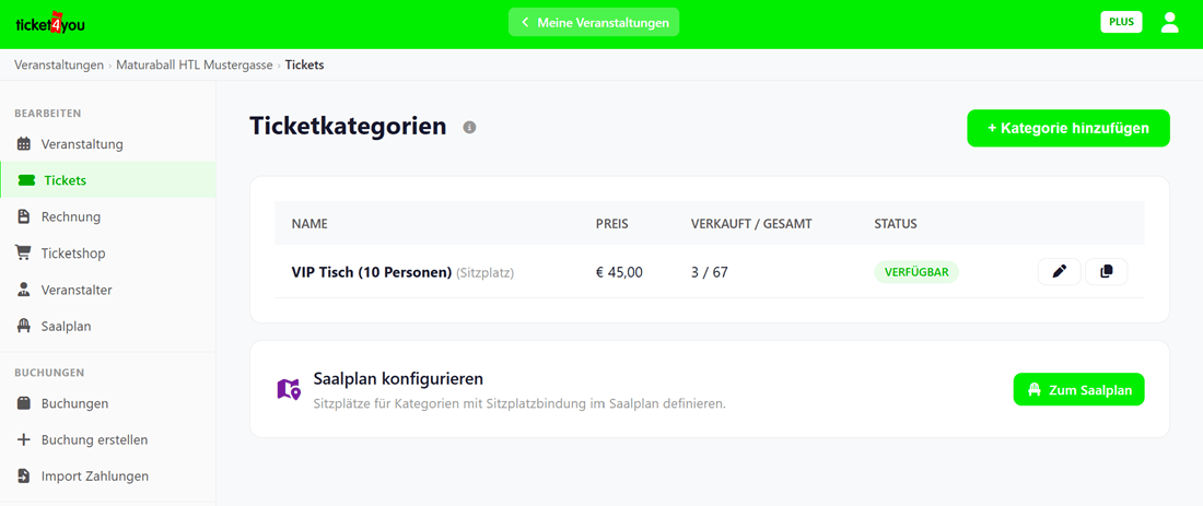 Ticketkategorien-�bersicht im Veranstalter-Interface