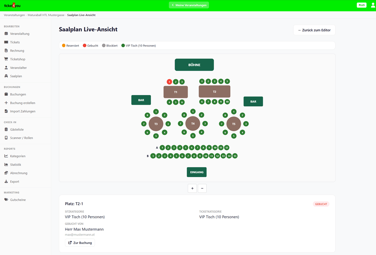 ticket4you Saalplan-Editor mit Live-Ansicht – Tische, Reihen und Bühne