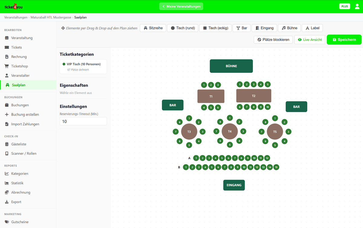 Saalplan-Editor mit Tischen, Sitzreihen, Bühne und Bars für Ballveranstaltungen