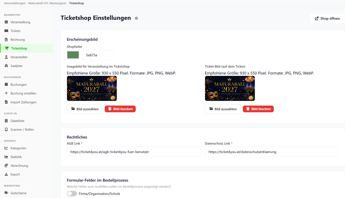 Ticketshop-Einstellungen mit Sponsoren-Bild auf dem Ticket
