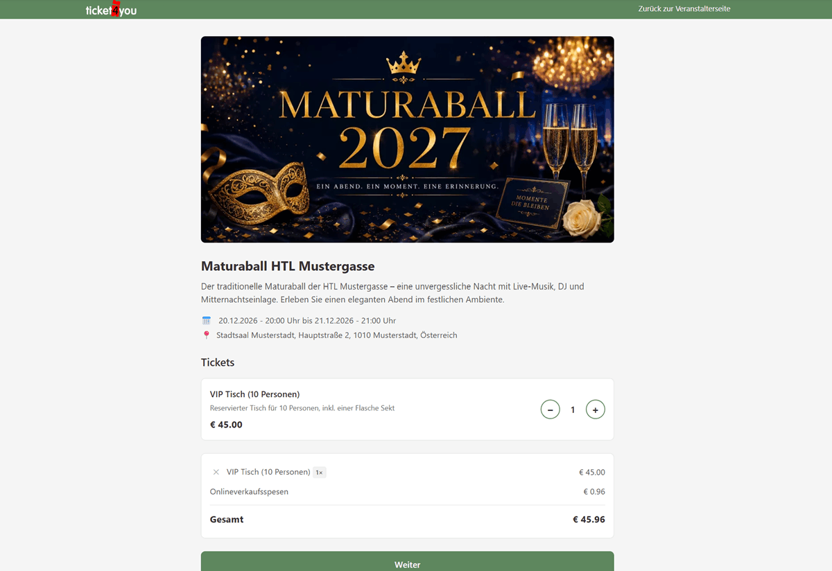 Fertiger Ticketshop mit Event-Bild, Beschreibung, Datum und Ticket-Kategorien