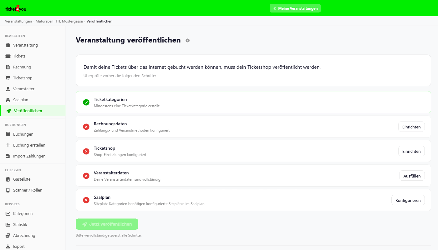 ticket4you Veröffentlichungs-Checkliste mit Schritten: Ticketkategorien, Rechnungsdaten, Ticketshop und Saalplan